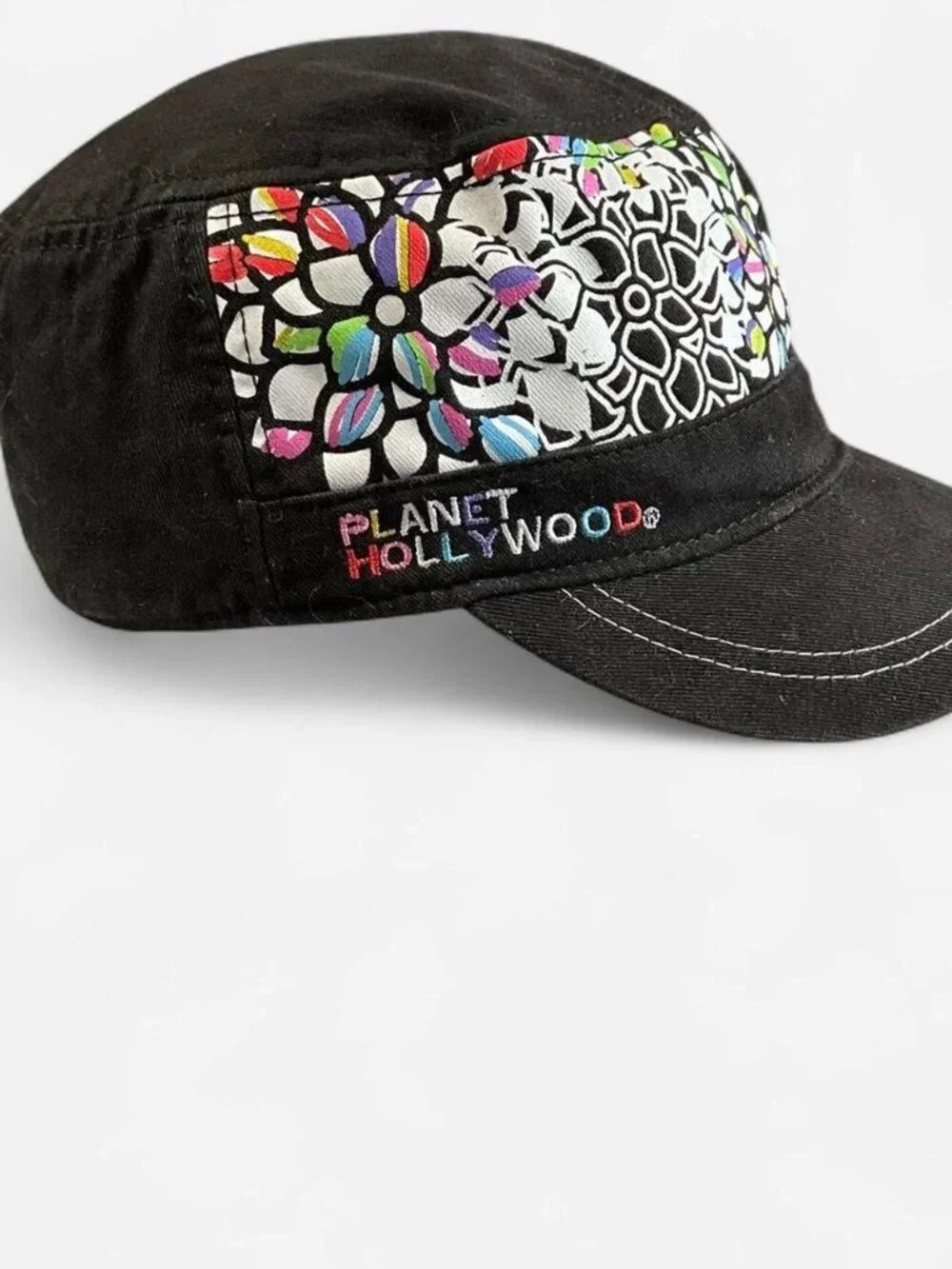 VTG 90s Womens Planet Hollywood Hat Black Pink Graphic Military Cadet Hat